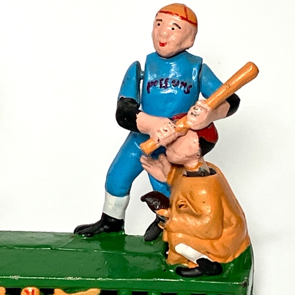 Vintage Cast Iron Hometown Battery Baseball Mechanical Coin  Bank Toy - Picture 3 of 11